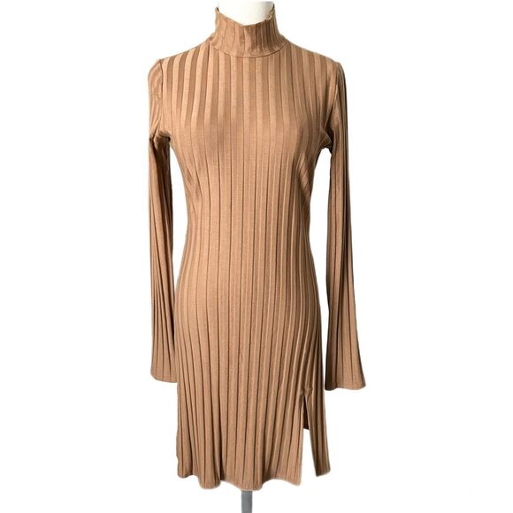 Reformation Libra Knit Mini Dress Tan Lightweight Ribbed Jersey Size Large - Picture 1 of 5